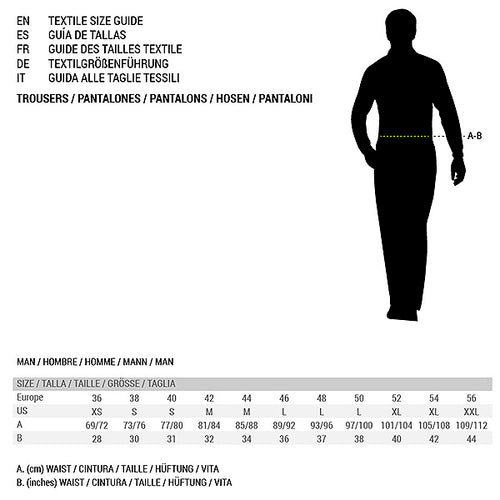 Textile size guide with a silhouette of a person and measurement labels.